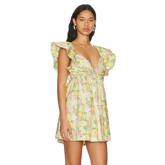 🎉Host Pick!🎉 For Love & Lemons Tamra Mini Dress | Yellow Floral | Size L | NWT - Picture 2 of 4